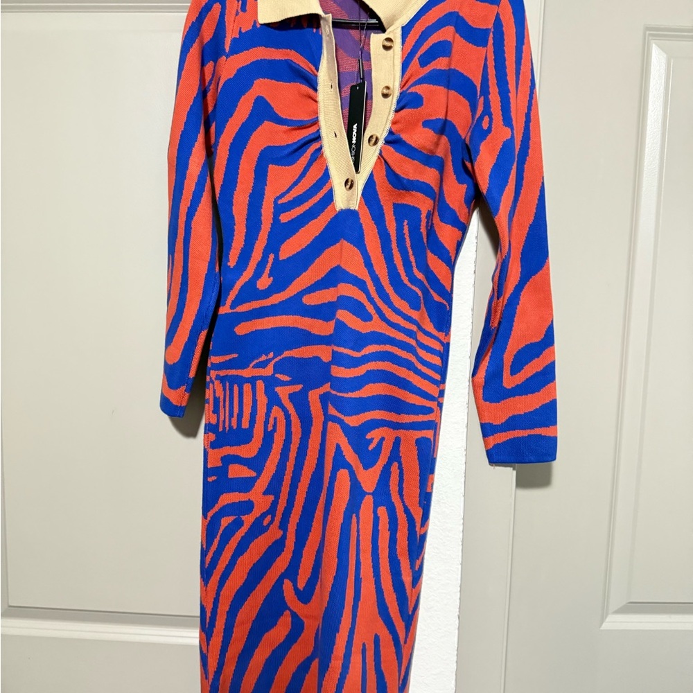 Fashion Nova Blue and Orange Long Sleeve Dress